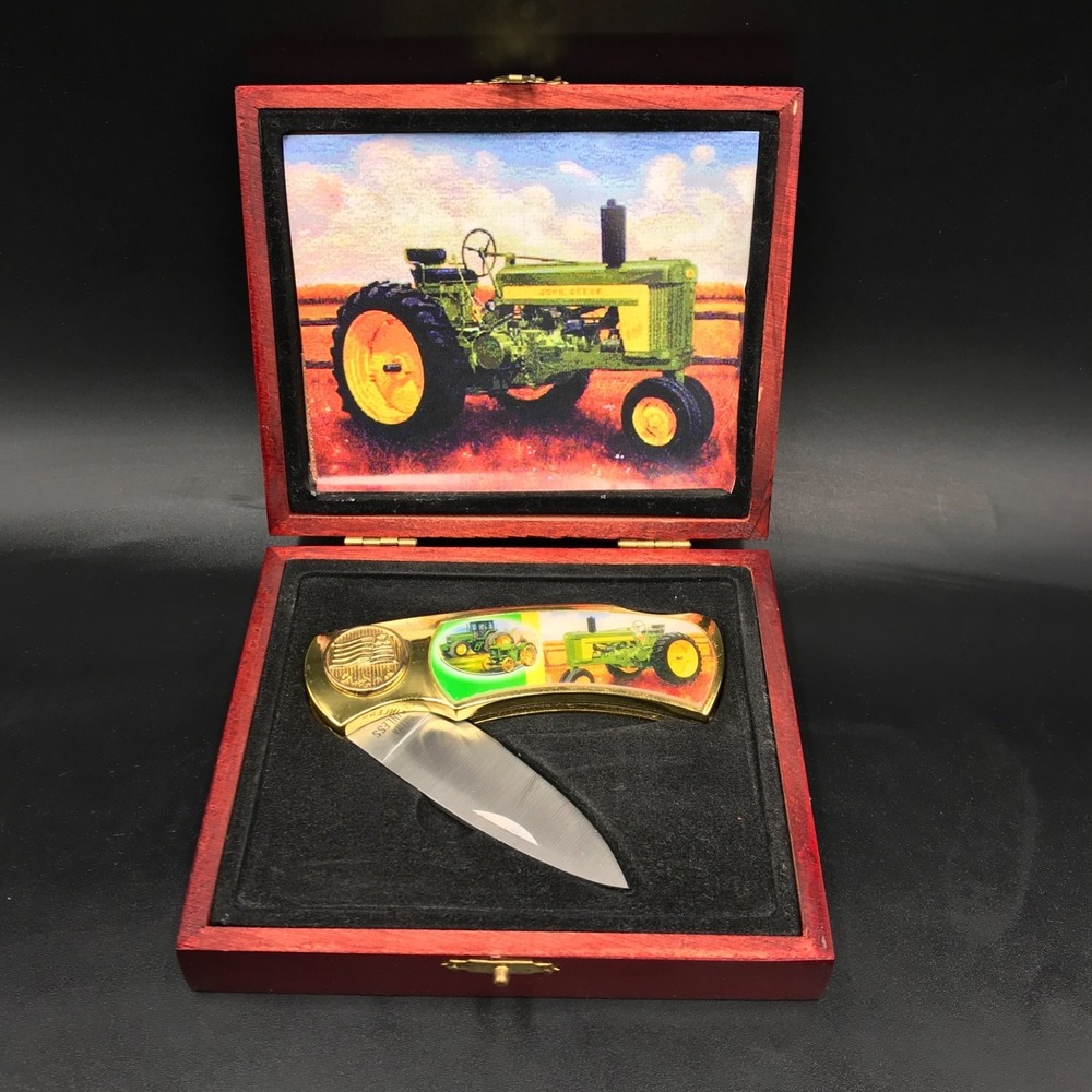 Vintage John Deere Folding Lock Pocket Knife Stainless Steel Blade Wood Box